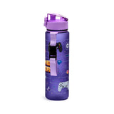 Angled view of a purple water bottle with a transparent pop top lid, featuring gaming-themed pixelated graphics including game controllers, a skull, and partial 'Game Over' text, along with a purple fabric carry loop.