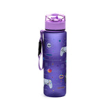 Purple pop top water bottle with translucent lid, featuring a pixelated gaming design of controllers, a skull, a doughnut, a ring, and 'LOADING' and 'HIGH SCORE' text. Includes a purple fabric strap.