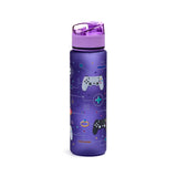 Front view of a purple water bottle with a clear pop-top lid, decorated with pixelated video game controller graphics, 'PRESS START' and 'HIGH SCORE' text.