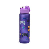 Purple pop top water bottle, standing upright, with a transparent purple lid. It features a pixelated 'Game Over' gaming design, including game controllers and 'PRESS START' text.