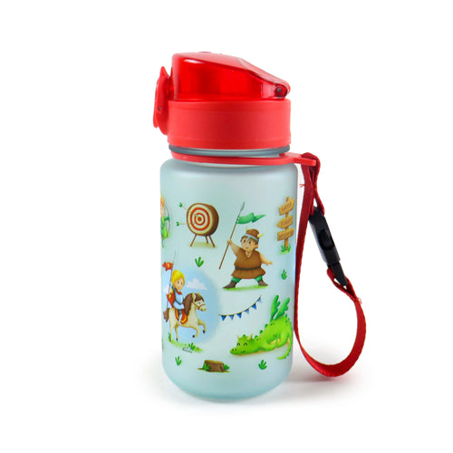 Angled view of a translucent light blue children's water bottle, featuring colourful knight, dragon, and medieval-themed illustrations. It has a red pop-top lid and an attached red fabric carrying strap.