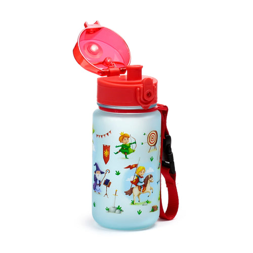 Angled view of a frosted light blue children's water bottle with an open red pop-top lid and a red fabric carry strap. It is decorated with colourful cartoon illustrations of knights, an archer, and a wizard, set against a light blue background.