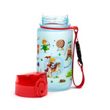 Angled view of a 350ml children's water bottle, frosted light blue with a colourful Knights & Dragons print. The design depicts a knight on horseback, an archer, and a green dragon. A detached red pop-top lid sits beside the bottle, which features a red carry strap.