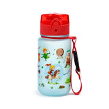 Front view of a translucent light blue children's water bottle with a red pop-top lid and red lanyard, decorated with a colourful knights and dragons illustration.