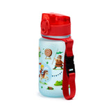Angled view of a 350ml children's shatterproof pop top water bottle, featuring a translucent blue body with a Knights & Dragons design including a knight on horseback and a green dragon, a red lid, and a red fabric carry strap with a black buckle.