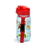 Frosted blue children's pop top water bottle with a red lid and a prominent red fabric carry strap with a black buckle. The bottle is decorated with colourful knights and dragons illustrations.
