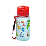 Angled view of a blue children's pop-top water bottle with a red lid and strap, illustrating knights, dragons, and a princess.