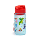 Angled view of a children's shatterproof water bottle with a red pop-top lid. The frosted light blue bottle is decorated with a colourful knights and dragons design, featuring a green dragon, a princess, a knight, and a wizard.