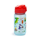 Upright 350ml shatterproof children's water bottle, featuring a frosted light blue body with a translucent red pop-top lid, presented against a white background. The visible design side shows colourful Knights & Dragons illustrations, including a green dragon, a wizard with a staff, and a knight.
