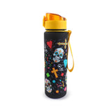 Angled view of a black 600ml water bottle featuring colourful Day of the Dead sugar skulls, crosses, hearts, and diamond patterns, with a yellow and orange pop-top lid and a yellow fabric carry loop.