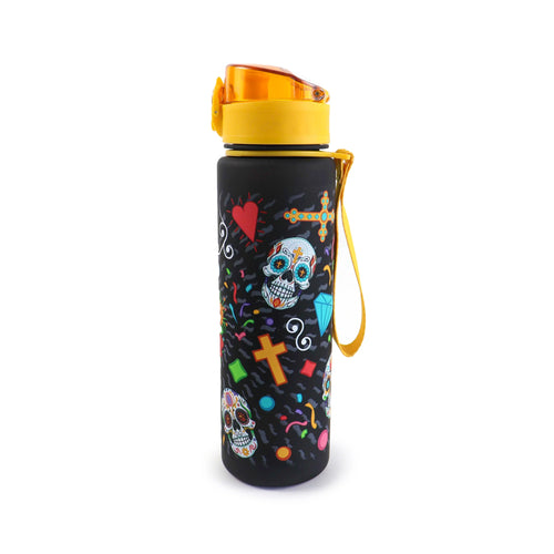 Angled view of a black 600ml water bottle featuring colourful Day of the Dead sugar skulls, crosses, hearts, and diamond patterns, with a yellow and orange pop-top lid and a yellow fabric carry loop.