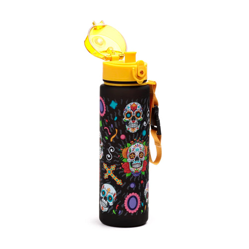 A black water bottle featuring vibrant Day of the Dead sugar skull and cross patterns. The yellow pop-top lid is open, displaying the clear yellow drinking spout, with a yellow carry strap attached to the side.
