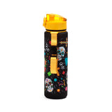 Angled view of a black water bottle adorned with colourful Day of the Dead sugar skull designs, featuring a yellow pop top lid and yellow carrying strap with a black clip.
