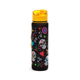 Black water bottle with a colourful Day of the Dead sugar skull pattern, a yellow pop-top lid, and a yellow carrying loop.