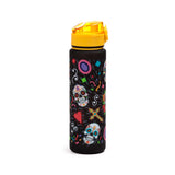 Black 600ml shatterproof water bottle with a colourful Day of the Dead design, featuring sugar skulls, hearts, and crosses, topped with a bright yellow pop-top lid, presented from an angled view.