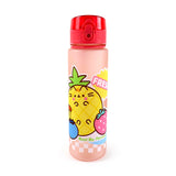 Front view of a translucent pink water bottle with a red pop-top lid, featuring a colourful cartoon cat as a pineapple with a strawberry and blueberry fruit design, and a pink and white checkered base.