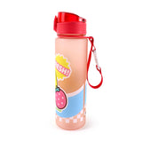 Angled view of a 600ml translucent peachy shatterproof water bottle with a red pop-top lid and red carry strap, decorated with a pink strawberry, yellow 'FRESH!' speech bubble, and blue and checkerboard patterns.