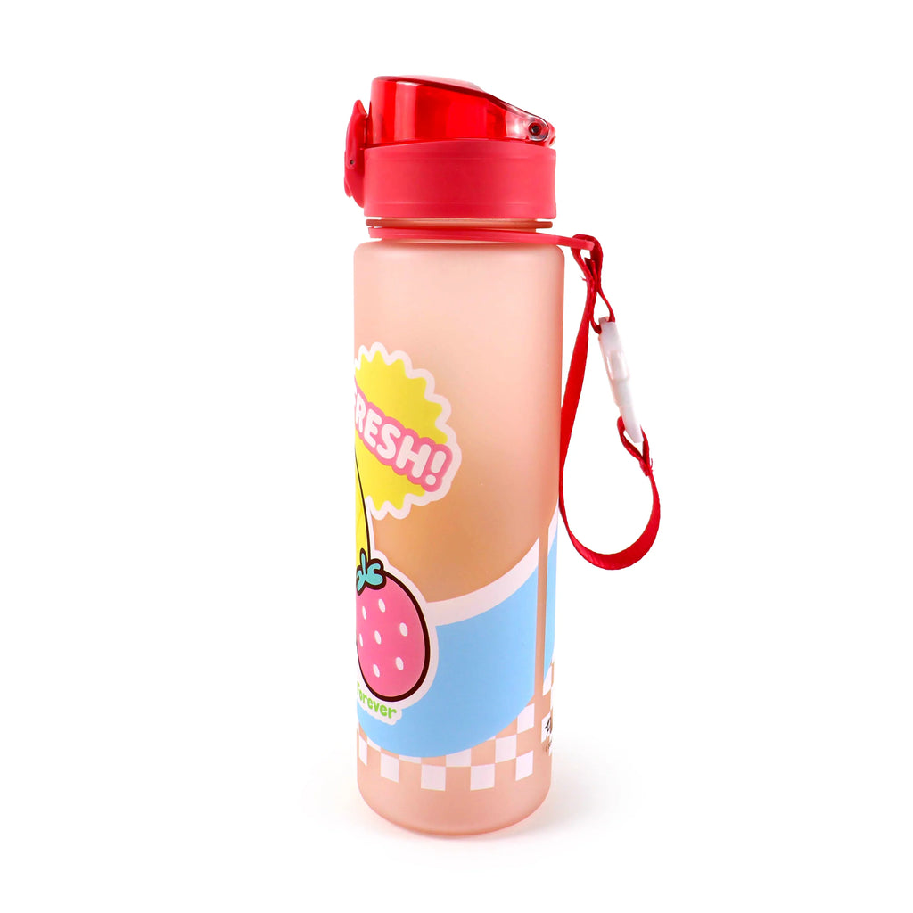 Angled view of a 600ml translucent peachy shatterproof water bottle with a red pop-top lid and red carry strap, decorated with a pink strawberry, yellow 'FRESH!' speech bubble, and blue and checkerboard patterns.