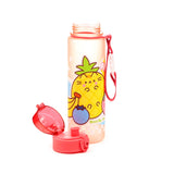 Angled view of a translucent peachy-pink pop-top water bottle featuring a Pusheen the Cat pineapple design holding a blueberry. The red pop-top lid is shown open and detached beside the bottle, which has a red wrist strap.
