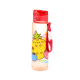 Front view of a frosted 600ml pop top water bottle with a red lid and strap, decorated with a Pusheen the Cat pineapple, a blueberry, and a strawberry.