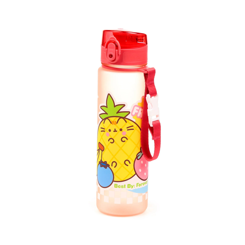 Front view of a frosted 600ml pop top water bottle with a red lid and strap, decorated with a Pusheen the Cat pineapple, a blueberry, and a strawberry.