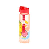 Angled view of a translucent peachy water bottle with a red pop top lid and red fabric strap, featuring a cartoon pineapple with a happy face, 'Fresh!' text, a pink spotted fruit, 'Best By: Forever' text, and a light pink checkered pattern.