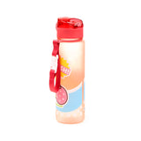 Angled view of a frosted, light peach-tinted water bottle with a red pop-top lid and red fabric carry strap. The bottle features a colourful fruit design, including a pink strawberry graphic and 'forever' text.
