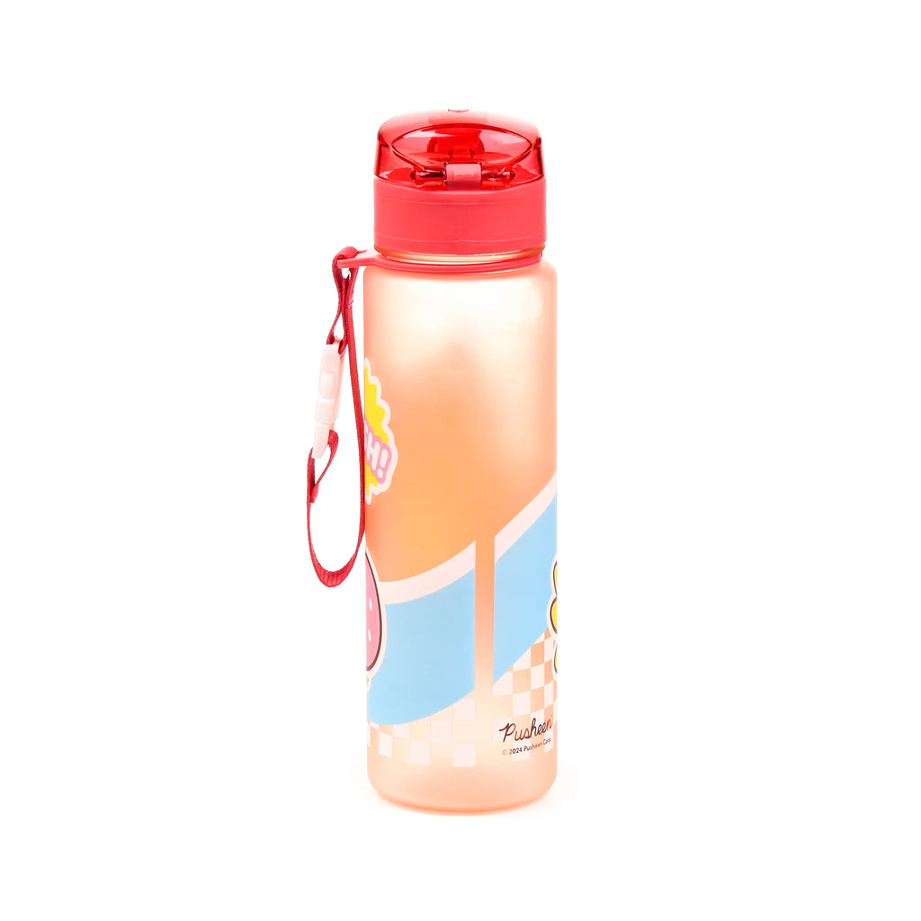 Angled view of a translucent peachy-orange water bottle with a red pop-top lid and a red carry strap, decorated with a cartoon grey and white cat, strawberry and checkerboard designs, and the word 'Pusheen'.
