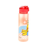 Front view of a 600ml shatterproof frosted light orange water bottle with a red pop top lid, featuring a colourful Pusheen the Cat fruits design.