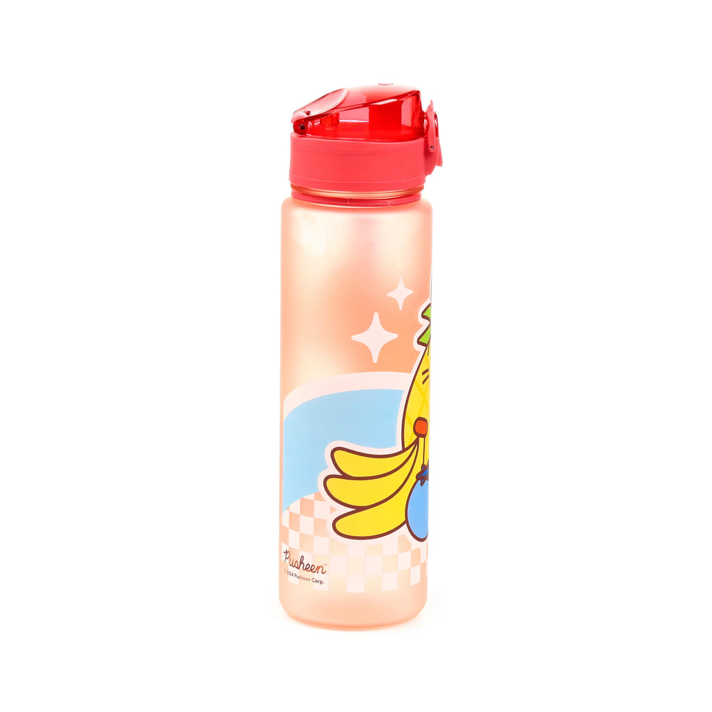 Front view of a 600ml shatterproof frosted light orange water bottle with a red pop top lid, featuring a colourful Pusheen the Cat fruits design.