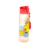 600ml shatterproof water bottle with a translucent peach body, red pop-top lid, and red carry strap, featuring a yellow cat-like character with a pineapple crown, alongside bananas and a blueberry design.