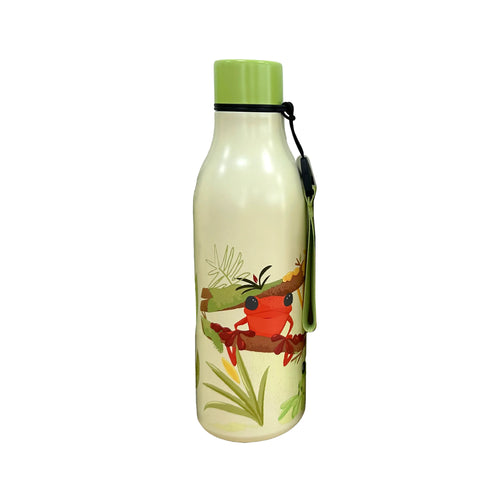 Reusable insulated drinks bottle in cream, depicting a tropical red tree frog on a branch amidst green foliage, with a lime green screw-top lid and a black hanging loop with a green strap.