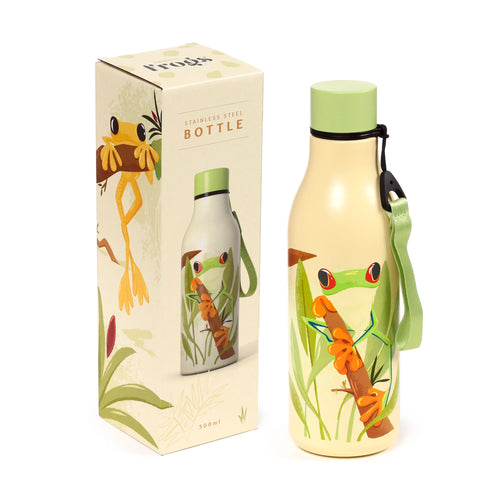 Angled view of a cream 500ml stainless steel insulated drinks bottle with a light green cap, featuring a vibrant red-eyed tree frog clinging to a branch amidst green foliage, presented alongside its matching cardboard box with similar tropical frog designs.