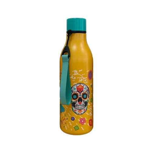 Yellow insulated drinks bottle with a teal cap and matching strap, featuring a colourful Day of the Dead sugar skull and floral patterns.