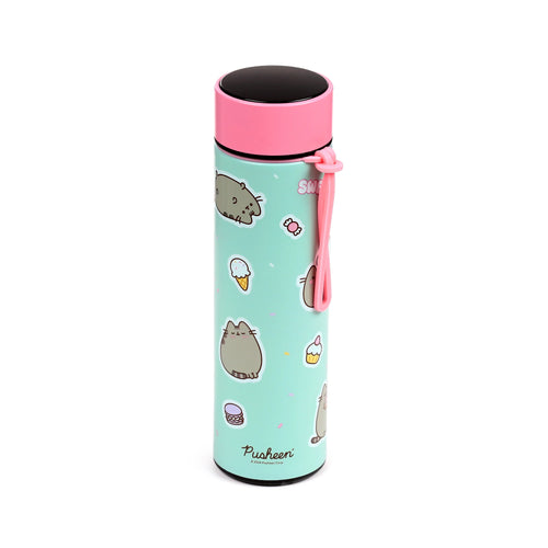 Angled view of a reusable insulated drinks bottle with a mint green body, decorated with Pusheen the Cat and sweet treats. It features a pink lid with a black digital thermometer top and a pink carry strap.