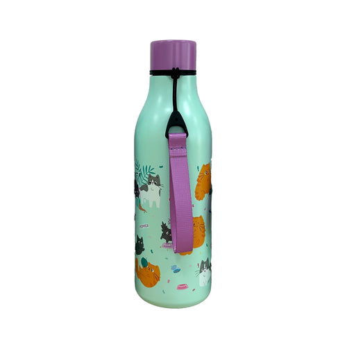 Angled view of a light mint green reusable insulated drinks bottle with a purple lid and a purple fabric strap. It features a playful illustration of assorted cartoon cats, green foliage, and small accessories.