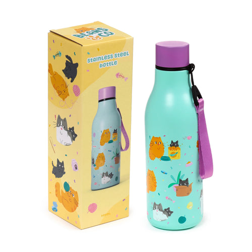 Angled view of a teal insulated drinks bottle with a purple cap and wrist strap, decorated with a playful cartoon cat print, presented next to its matching yellow packaging box.