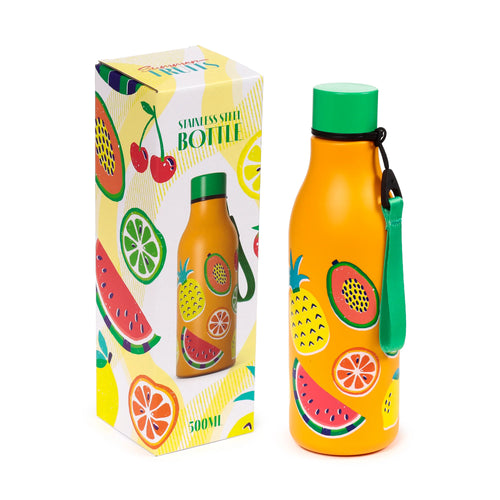 Angled view of an orange reusable insulated drinks bottle, 500ml, decorated with a vibrant pattern of summer fruits like pineapples, watermelons, papayas, and citrus slices, finished with a green cap and strap, presented alongside its coordinating patterned box.