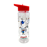 Front view of a clear plastic reusable shatterproof water bottle with a red flip-top lid and internal straw, decorated with Pippi Longstocking characters, including Pippi lifting her horse, a blue teapot, and 'Pippi LONGSTOCKING' text.