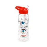 Angled view of a clear water bottle with an orange lid and a red flip-up straw. The bottle features colourful Pippi Longstocking character illustrations and the 'Pippi LONGSTOCKING' logo.