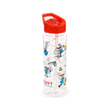Angled view of a clear 550ml reusable shatterproof water bottle featuring colourful Pippi Longstocking illustrations and a speckled design. It has a bright red lid with an open flip-up spout, an integrated carry handle, and a clear internal straw.