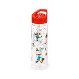 Angled view of a clear reusable water bottle with a red flip-up straw lid and carry handle, featuring colourful Pippi Longstocking character illustrations.