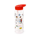 Angled view of a clear reusable shatterproof water bottle with a red flip-top lid and an internal straw, featuring colourful Pippi Longstocking character illustrations and a white dot pattern.