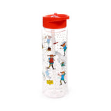 An upright clear reusable water bottle with a red flip-top lid and an internal straw. The bottle is decorated with multiple colourful illustrations of Pippi Longstocking, her monkey, and her horse, against a pattern of scattered grey dots, viewed from a slight angle.