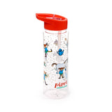 Angled view of a clear, shatterproof 550ml reusable water bottle with a red flip-up straw lid, featuring colourful Pippi Longstocking character illustrations.