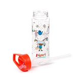 Clear 550ml reusable water bottle, decorated with colourful Pippi Longstocking characters and designs, displayed with its orange flip-up lid and straw detached beside it.