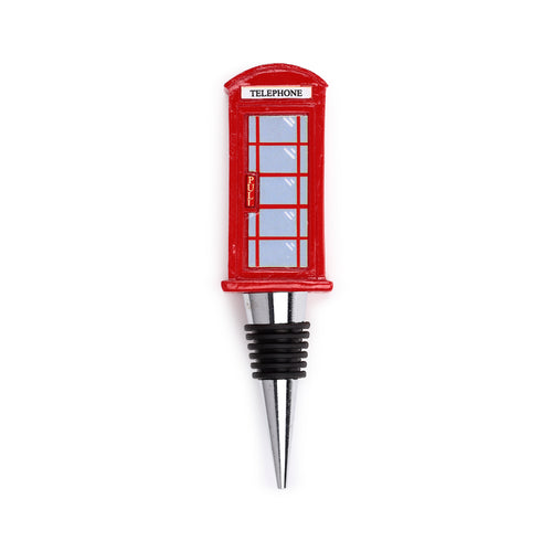 Front view of a red British telephone box bottle stopper, with a 'TELEPHONE' sign at the top and 'PULL' on its door, featuring a metallic conical base with black rubber rings.
