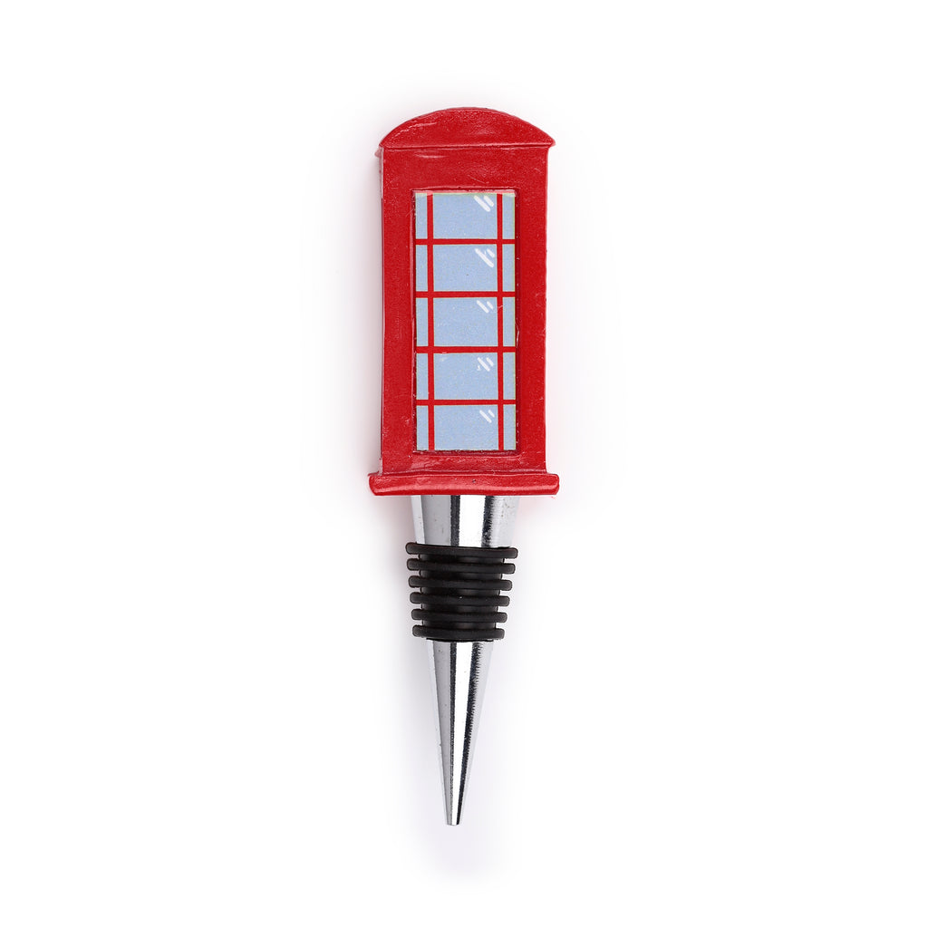 Front view of a novelty red London telephone box bottle stopper, with blue window panes and a silver metallic base featuring black sealing rings.