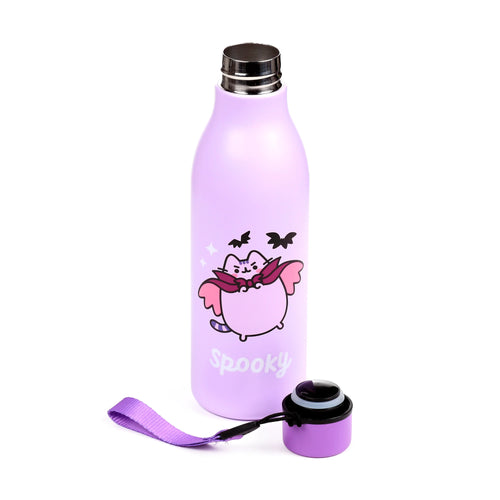 Angled view of a lilac reusable insulated drinks bottle, depicting a cartoon Pusheen the Cat dressed as a vampire with bats and SPOOKY text, with a metallic screw cap and a detached purple and black cap with a fabric strap.
