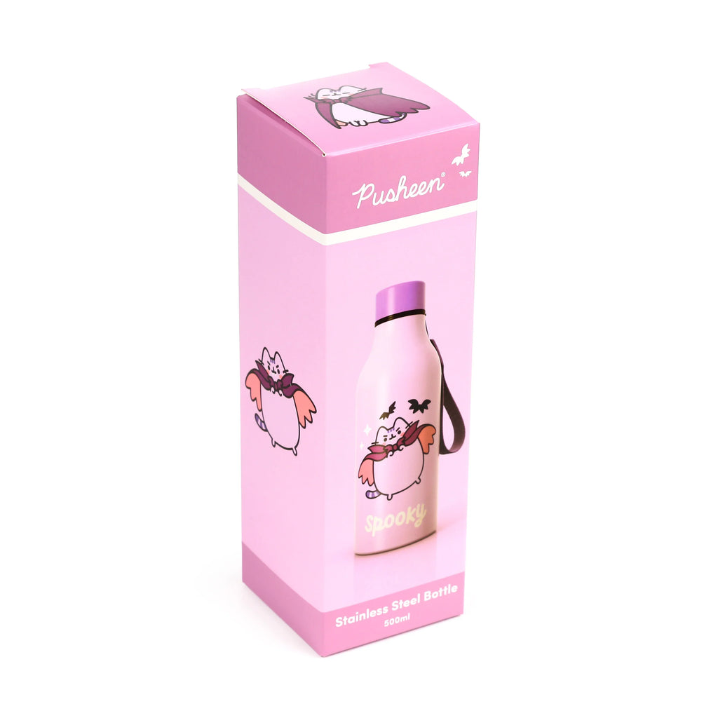 Angled view of the pink cardboard packaging for a reusable 500ml insulated drinks bottle, featuring a Halloween-themed Pusheen the Cat graphic wearing a cape, with bats and 'Spooky' text.